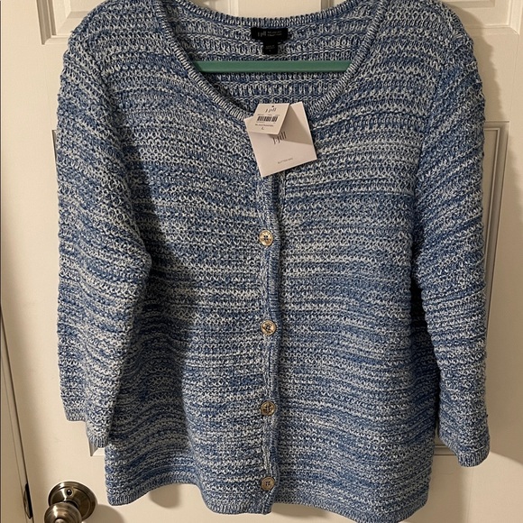 J. Jill Wearever Spray-Dyed Cardigan Sweater Large Blue Cotton Ribbed Knit NWT - Picture 2 of 7